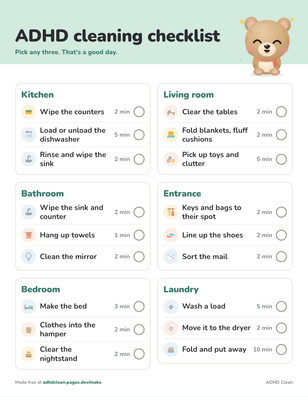 ADHD cleaning checklist, printable sheet