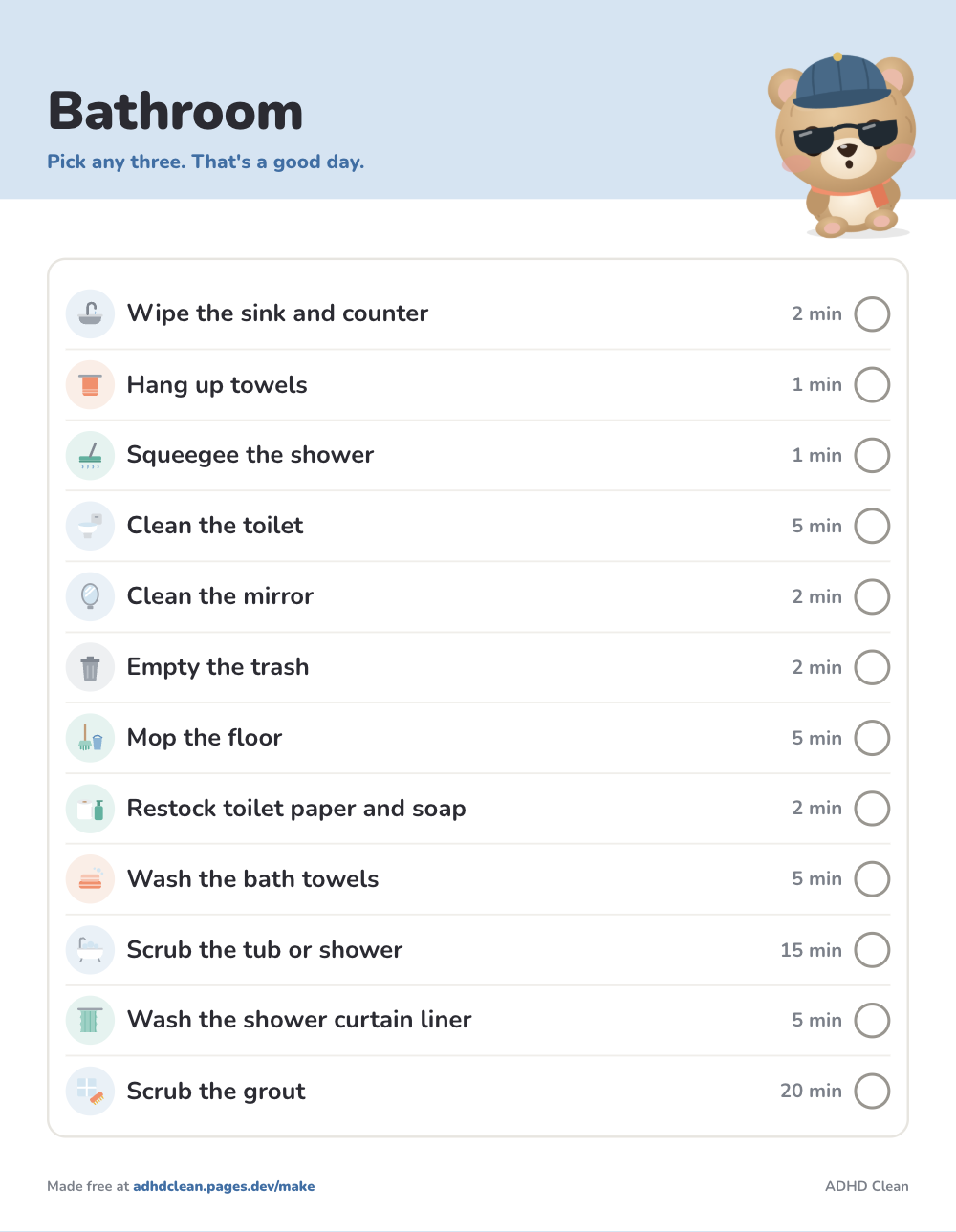 Bathroom cleaning checklist, printable sheet