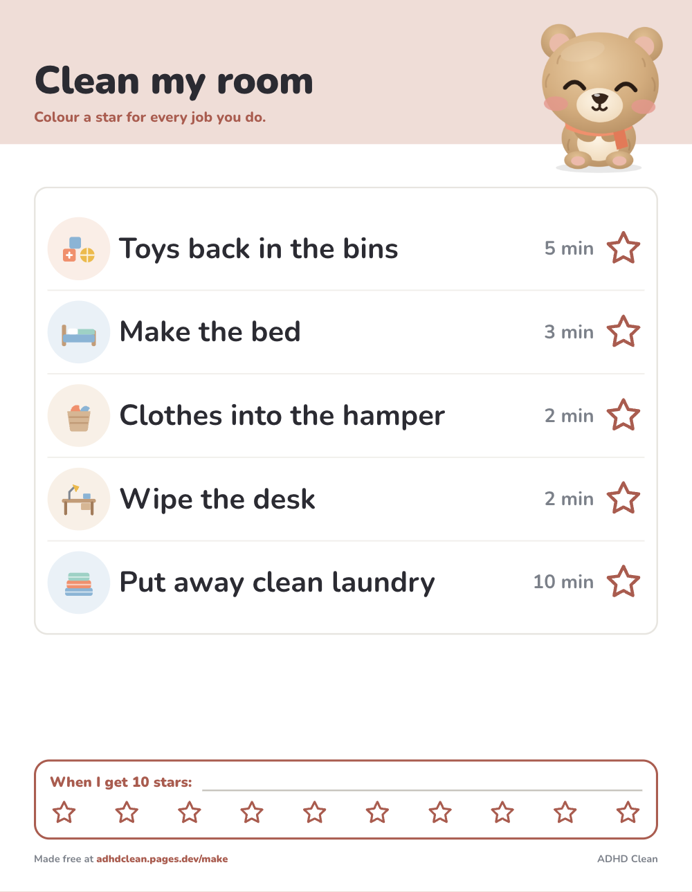 Bedroom cleaning checklist for kids, printable sheet