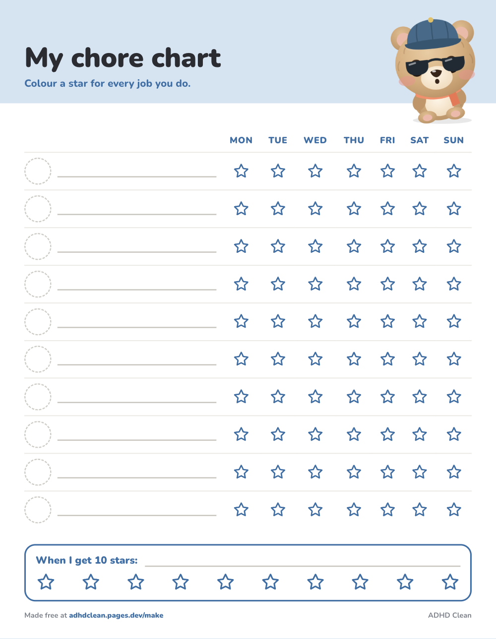 Blank chore chart, printable sheet