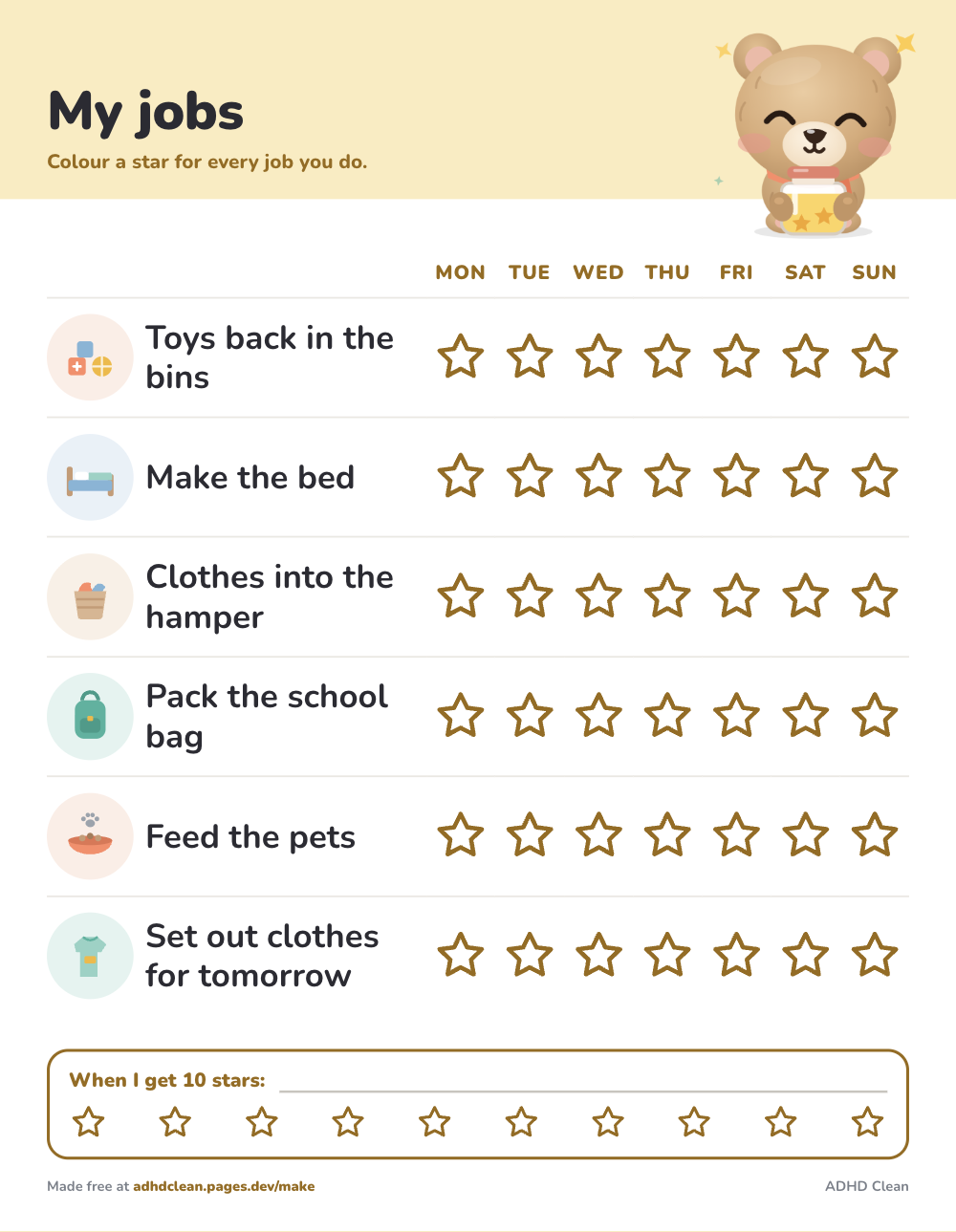 Printable chore chart for kids, printable sheet