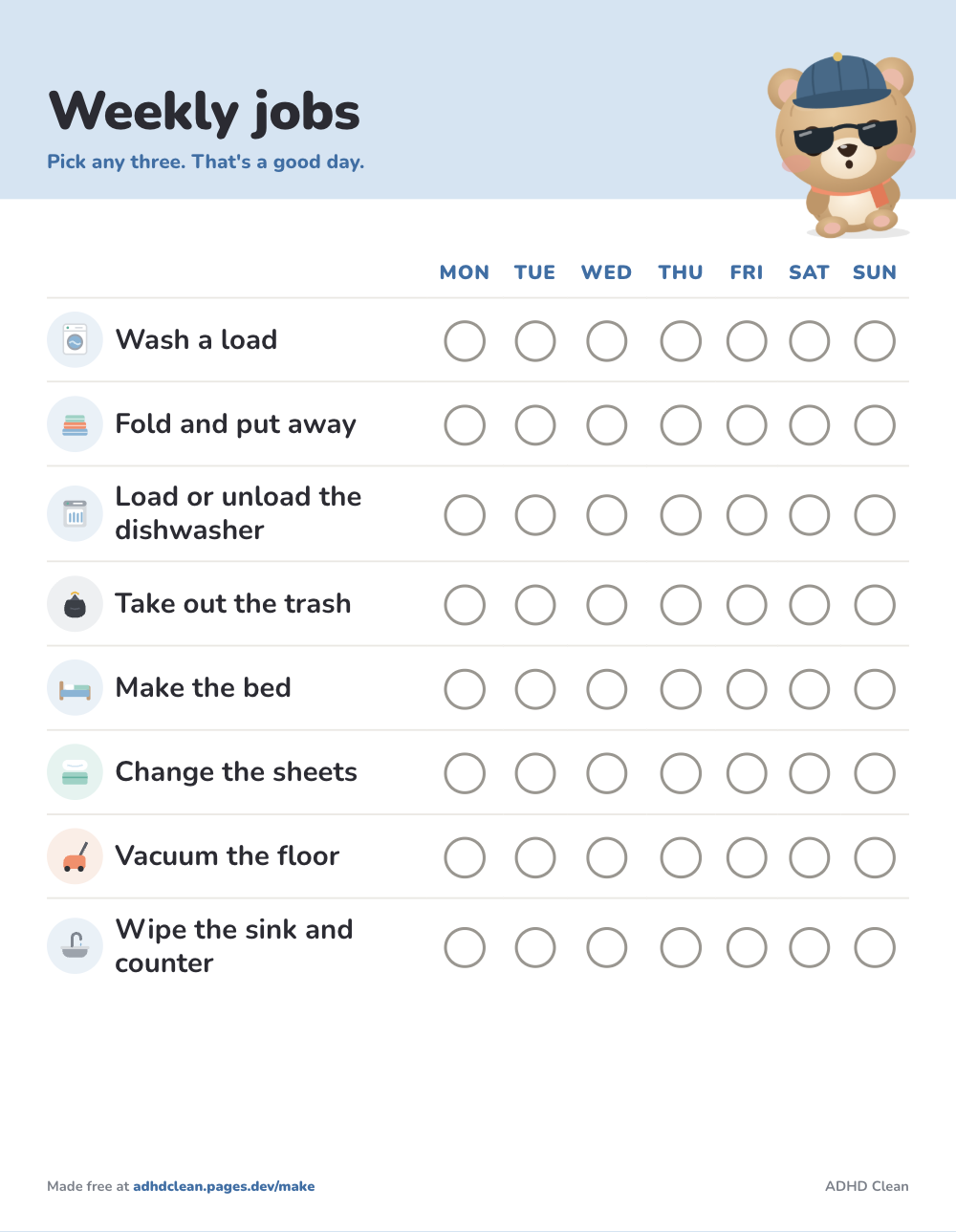 Chore chart for teens, printable sheet