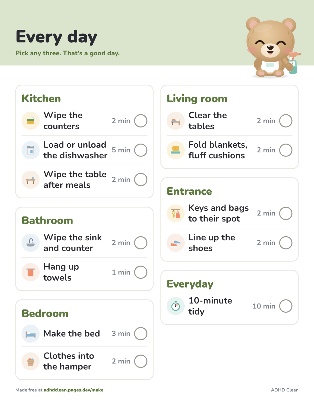Daily cleaning checklist, printable sheet