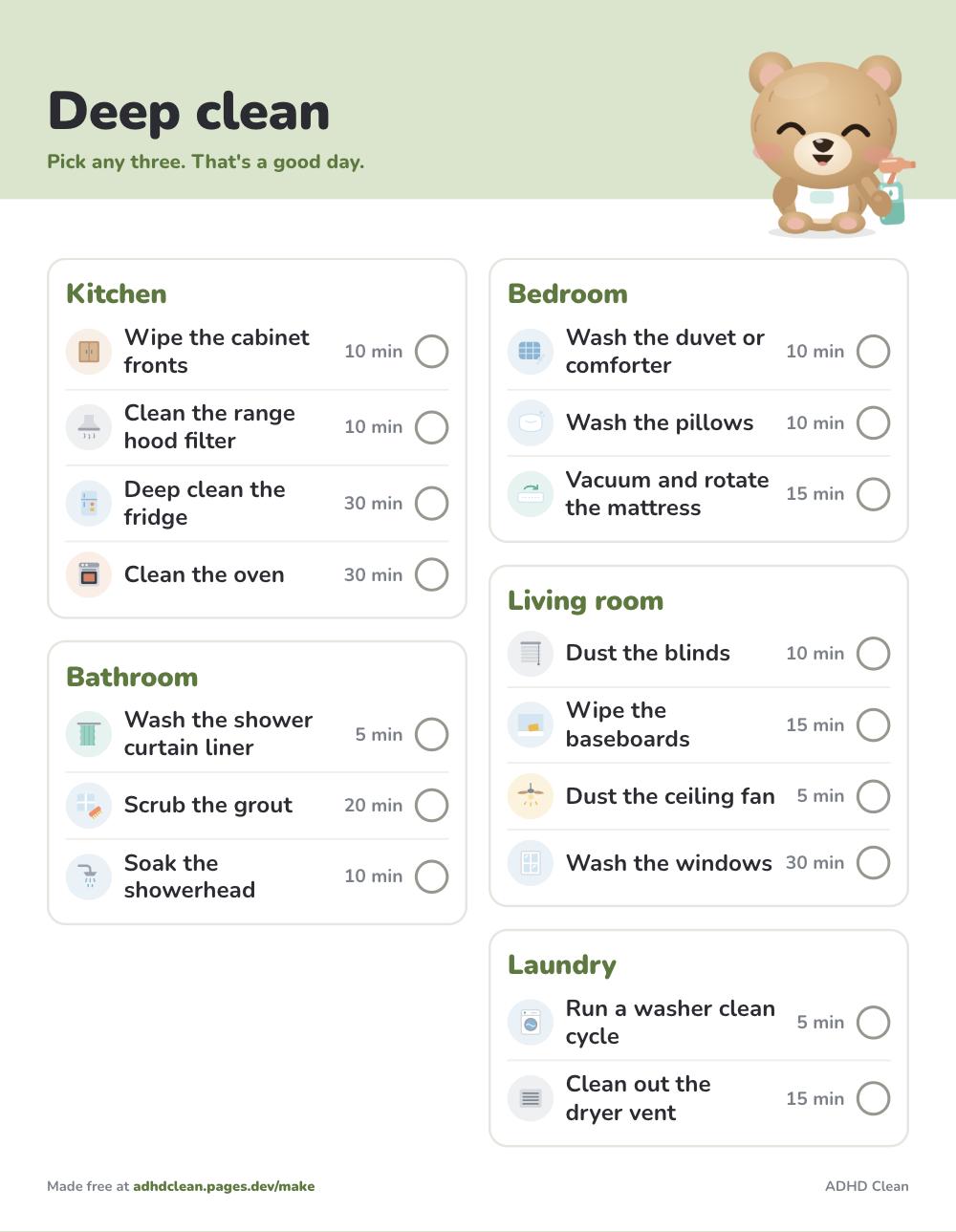 Deep cleaning checklist, printable sheet