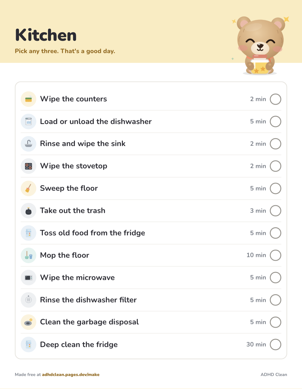 Kitchen cleaning checklist, printable sheet