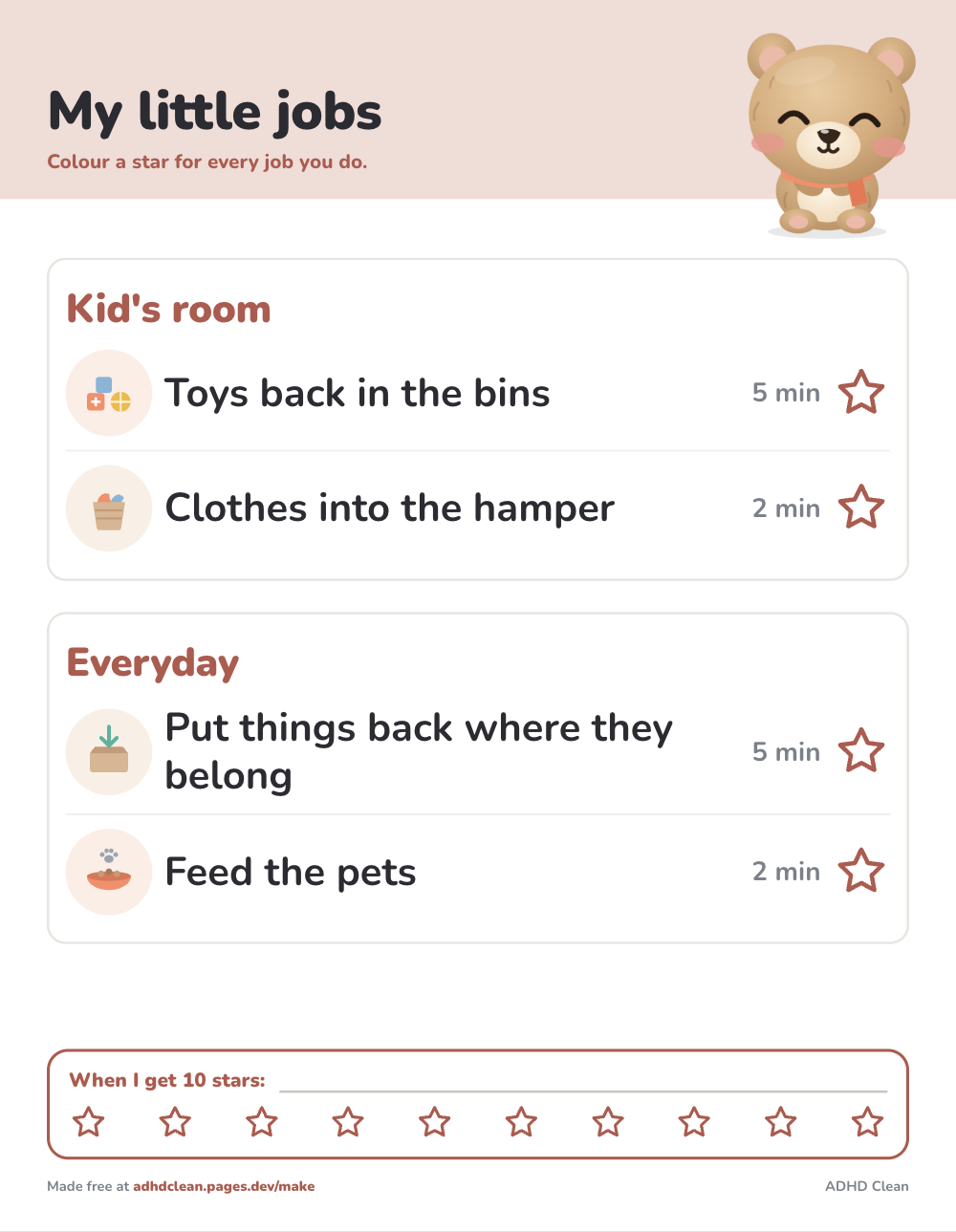 Toddler chore chart, printable sheet