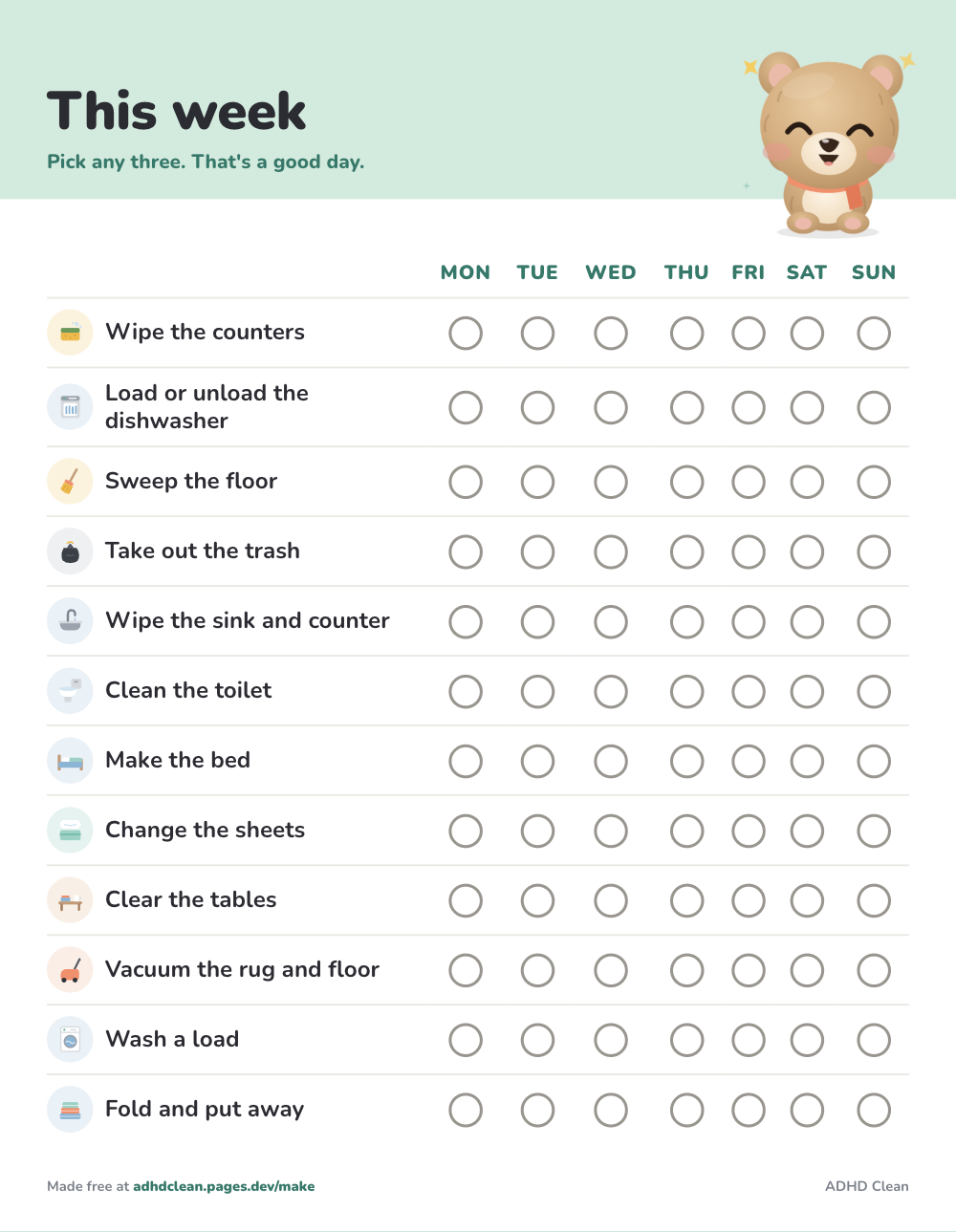 Weekly cleaning schedule, printable sheet